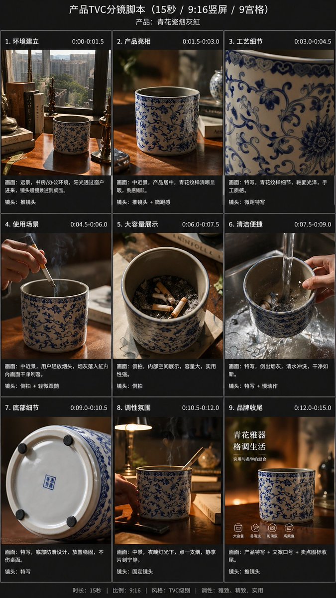 9-Panel Product TVC Storyboard Qwen Image prompt example: This prompt turns a single product reference photo into a polished 9-frame vertical commercial storyboard for e-commerce...