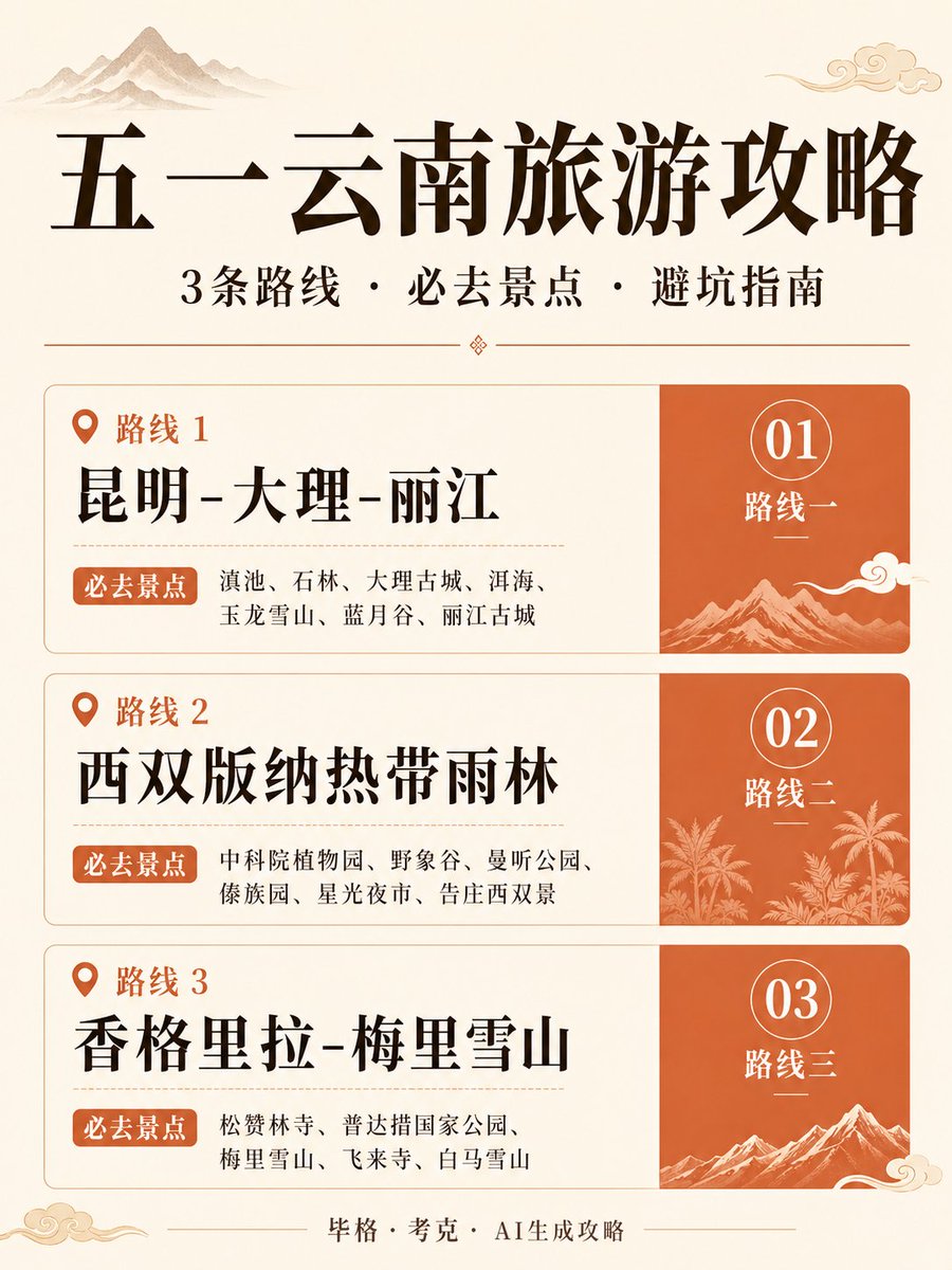 Chinese Yunnan Travel Guide Poster Qwen Image prompt example: A vertically designed Chinese-style infographic poster for a Yunnan holiday travel guide, ideal for social media...