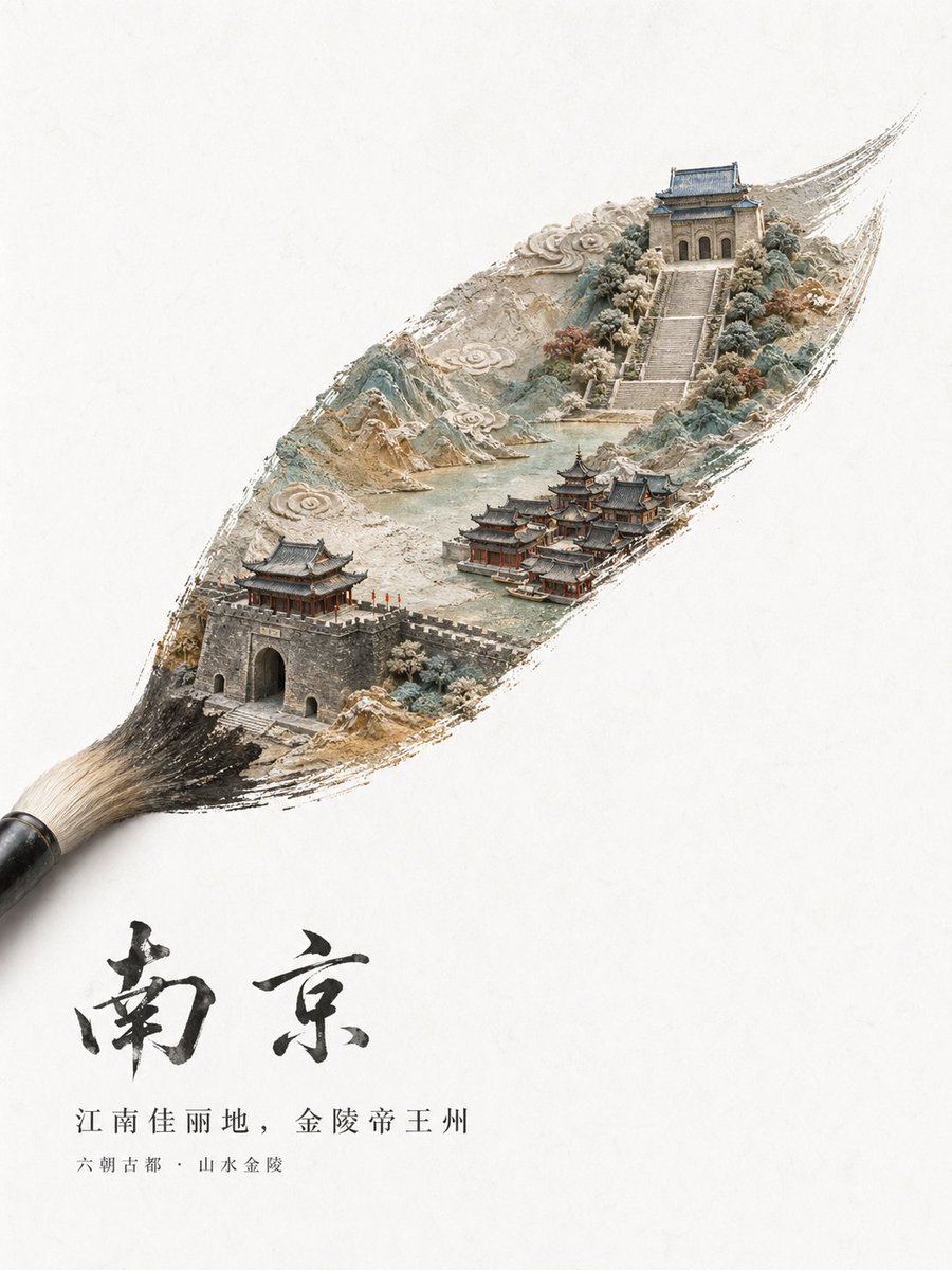 Chinese City Brushstroke Poster Qwen Image 프롬프트 예시: This prompt generates an elegant Chinese tourism poster where a calligraphy brushstroke forms a miniature ancient cityscape,...