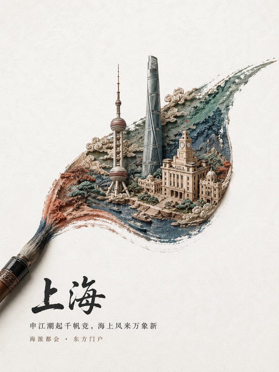 Chinese Brushstroke Shanghai Poster のQwen Imageプロンプト例: This prompt generates an elegant city tourism poster where a calligraphy brushstroke becomes a sculpted landmark diorama,...