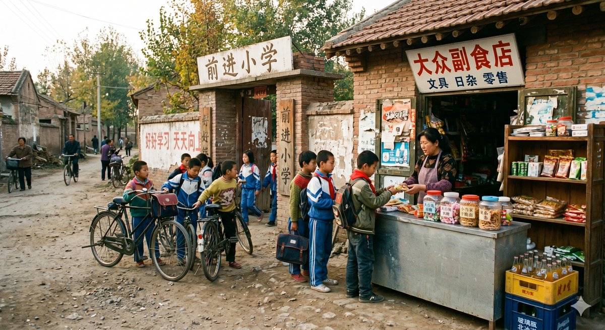 1998 Rural School Gate Shop Photo Qwen Image prompt example: This prompt generates a realistic nostalgic photo of a late-1990s rural Chinese primary school entrance with a small...