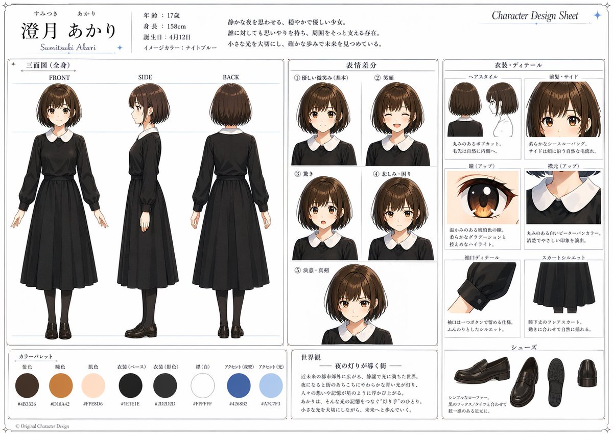 Anime Character Design Sheet のQwen Imageプロンプト例: A polished Japanese-style anime reference sheet for a gentle schoolgirl character, useful for character development, design...