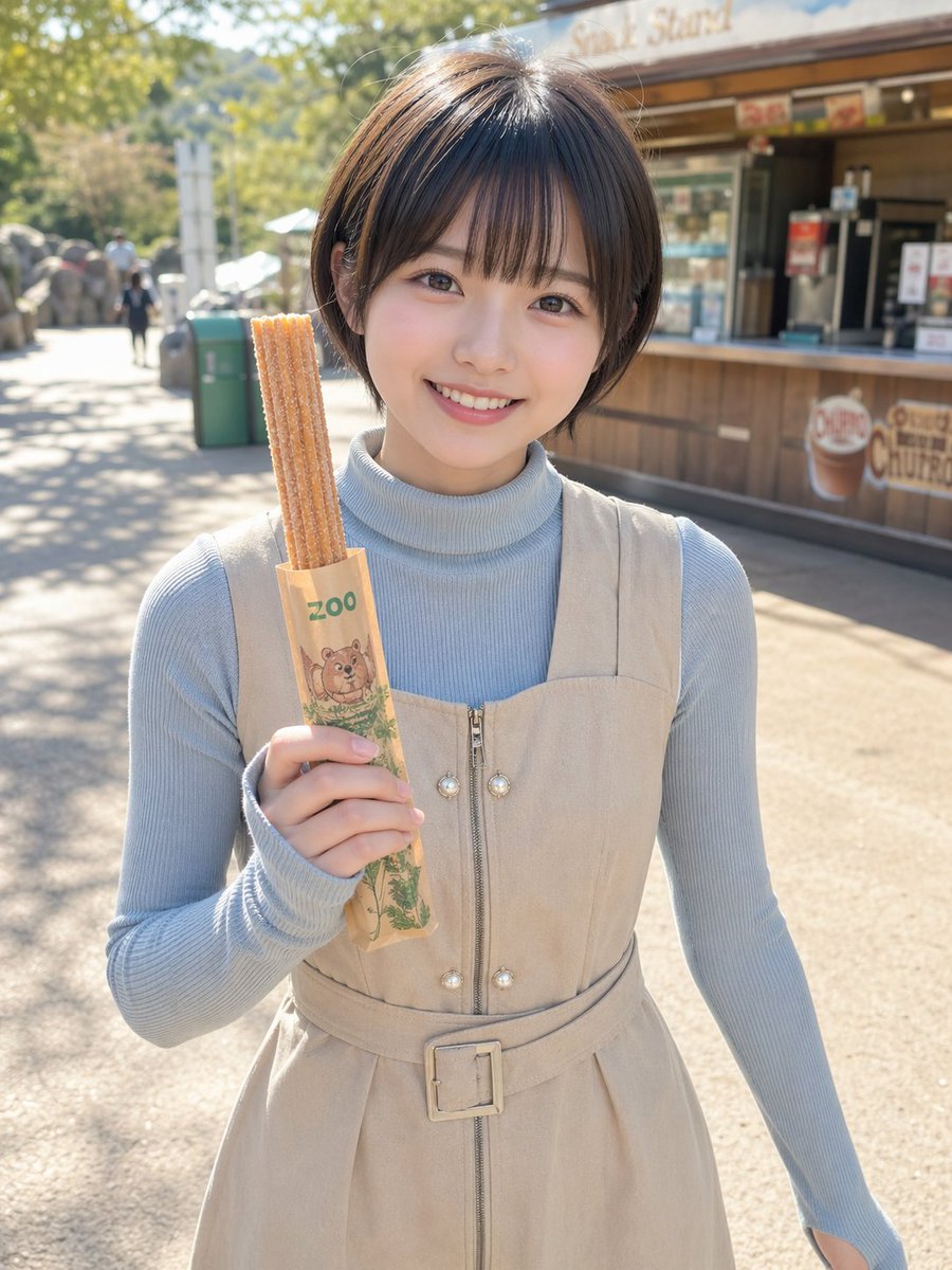 Zoo Churro Portrait Photo GPT Image 2 prompt example: A photorealistic vertical lifestyle portrait of a woman at a zoo holding churros, useful for casual social media, travel, or...