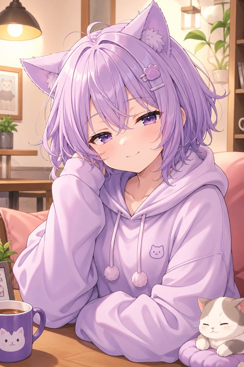 Cozy Lavender Catgirl Portrait Qwen Image prompt example: A warm pastel anime portrait of a lavender-haired catgirl in a hoodie, ideal for recreating cute VTuber-style character...