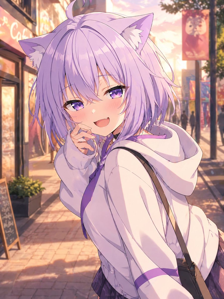 Lavender Catgirl at Sunset Street GPT Image 2 prompt example: This prompt generates a dreamy anime-style catgirl portrait in a warm urban sunset setting, ideal for character fan...