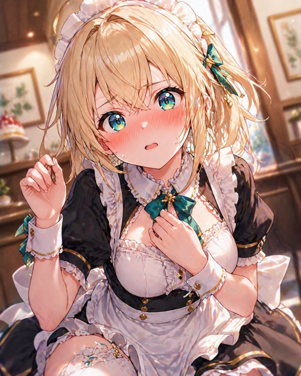 Blonde Maid in Warm Cafe Qwen Image 프롬프트 예시: This prompt generates a detailed anime portrait of a blonde maid seated in a warm cafe interior, ideal for VTuber fan art, character...