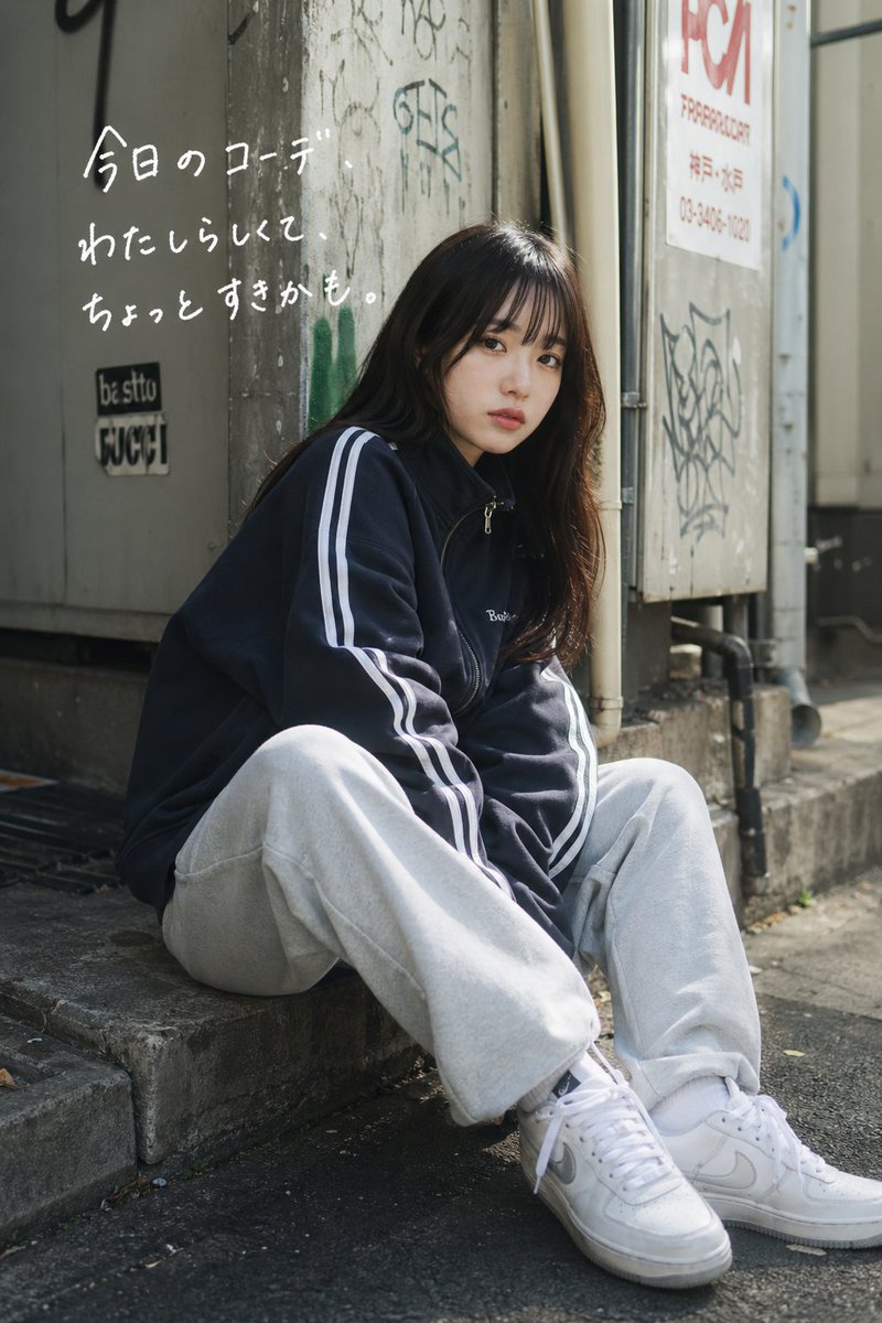 Casual Street Outfit Photo with Handwritten Text 的 GPT Image 2 提示词示例图：This prompt generates a realistic vertical street-fashion portrait with handwritten Japanese overlay text,...