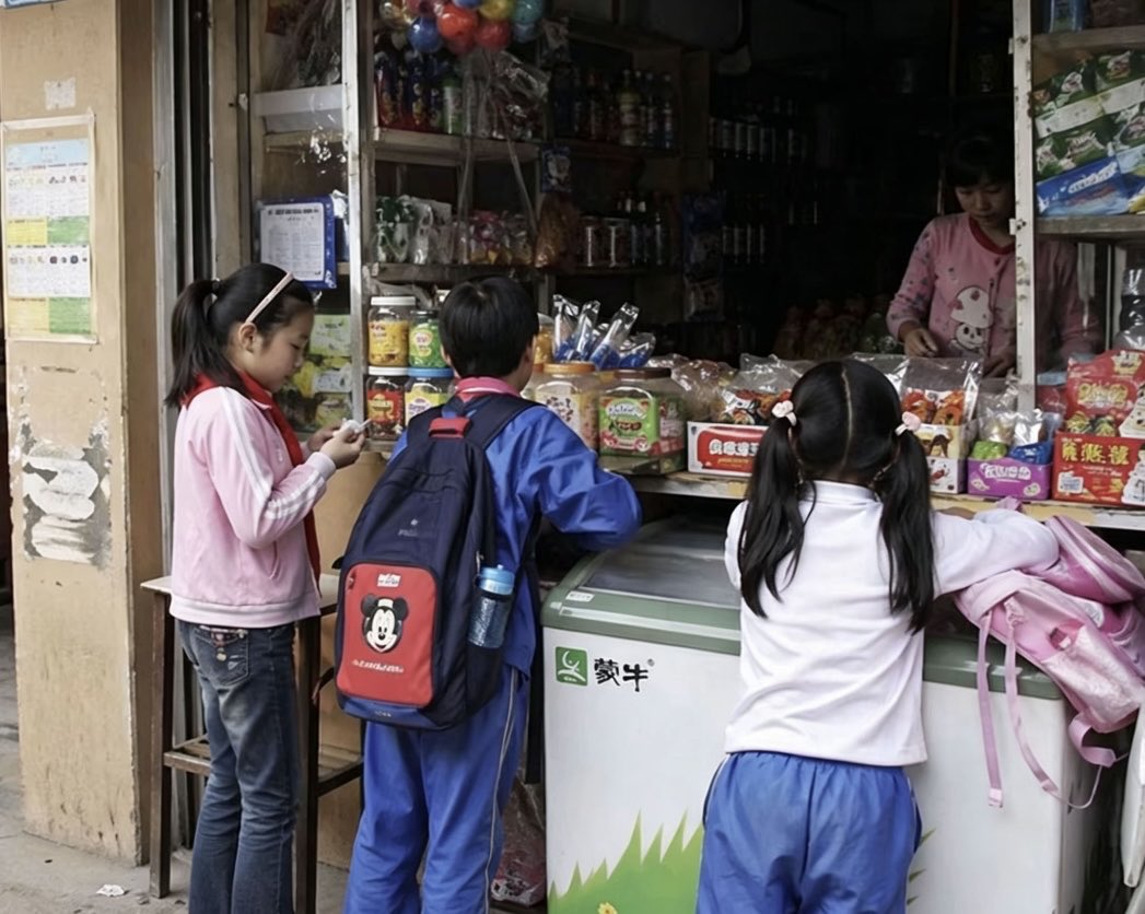 Chinese Schoolchildren at Corner Shop Qwen Image 프롬프트 예시: This prompt generates a photorealistic candid street scene of schoolchildren buying snacks at a small Chinese...