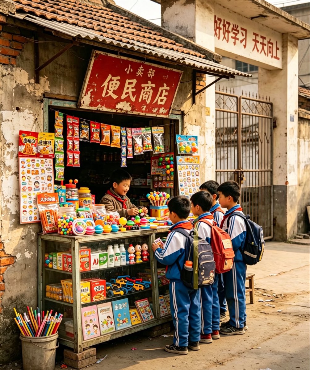 Nostalgic Chinese School Shop Scene Qwen Image 프롬프트 예시: A photorealistic slice-of-life street image of four schoolchildren buying snacks and toys at a worn neighborhood shop,...