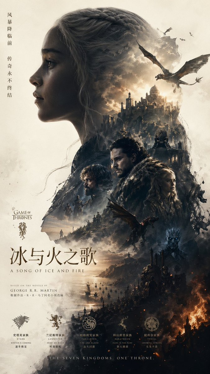 Epic Fantasy Double-Exposure Poster Qwen Image prompt example: A cinematic fantasy series poster prompt for generating a dark double-exposure silhouette composition with dragons,...