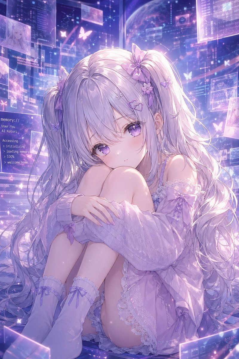 Lavender AI Girl in Memory Space Qwen Image prompt example: This prompt generates a polished anime-style character portrait of a soft lavender virtual girl surrounded by...