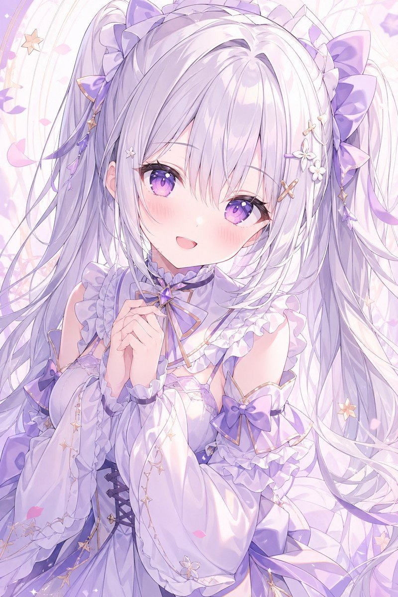 Pastel Lavender Anime Girl Portrait 的 GPT Image 2 提示词示例图：This prompt generates a soft, ornate anime character portrait with long lavender-toned hair, frilly fantasy-lolita...