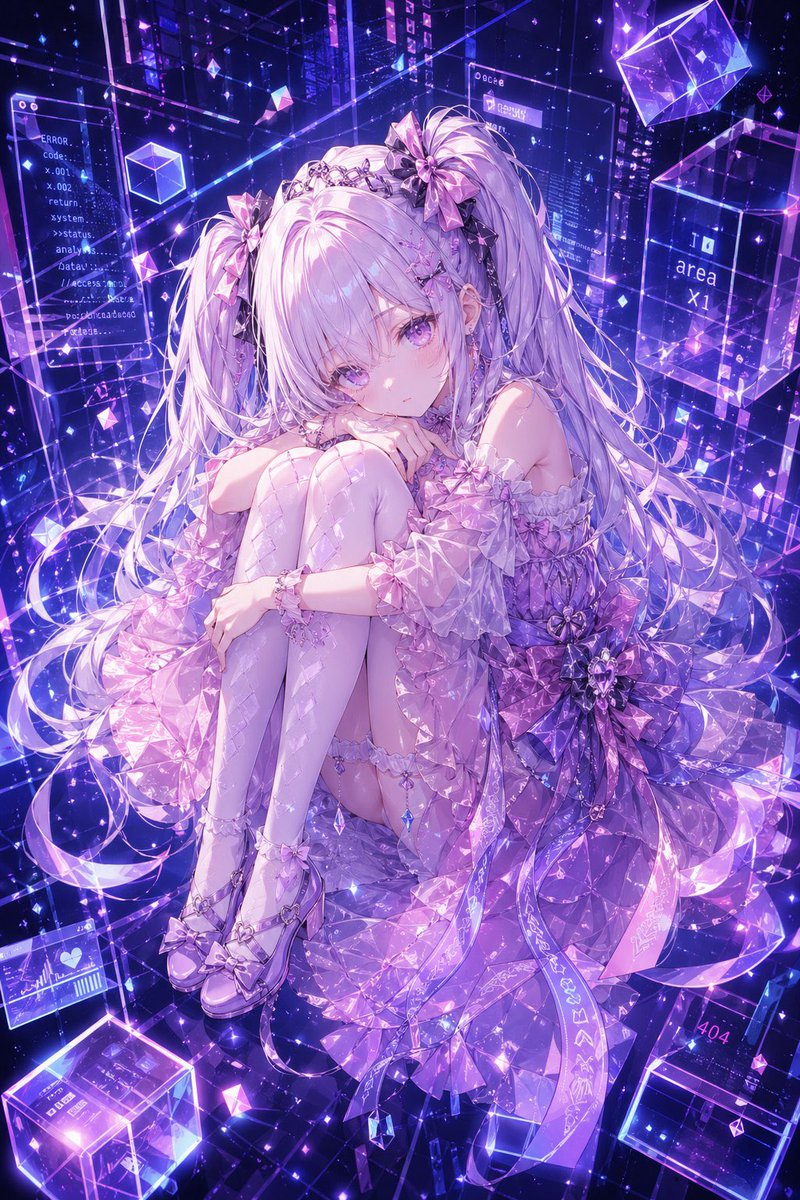Cyber Crystal Anime Girl Portrait 的 GPT Image 2 提示词示例图：This prompt generates a polished anime character illustration of a jewel-like futuristic girl in a glowing holographic...