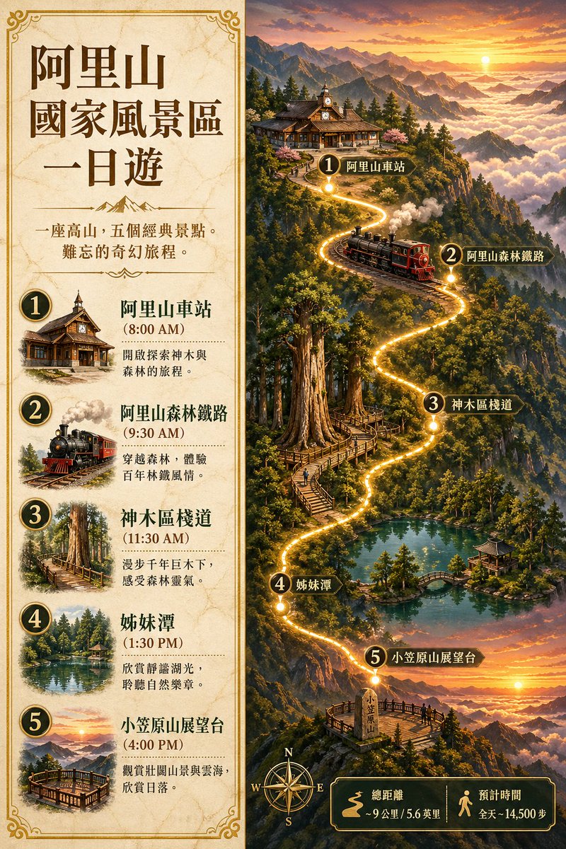 Alishan One-Day Travel Poster Qwen Image 프롬프트 예시: A richly illustrated vintage-style tourism poster showing a five-stop one-day itinerary through Alishan National Scenic Area,...