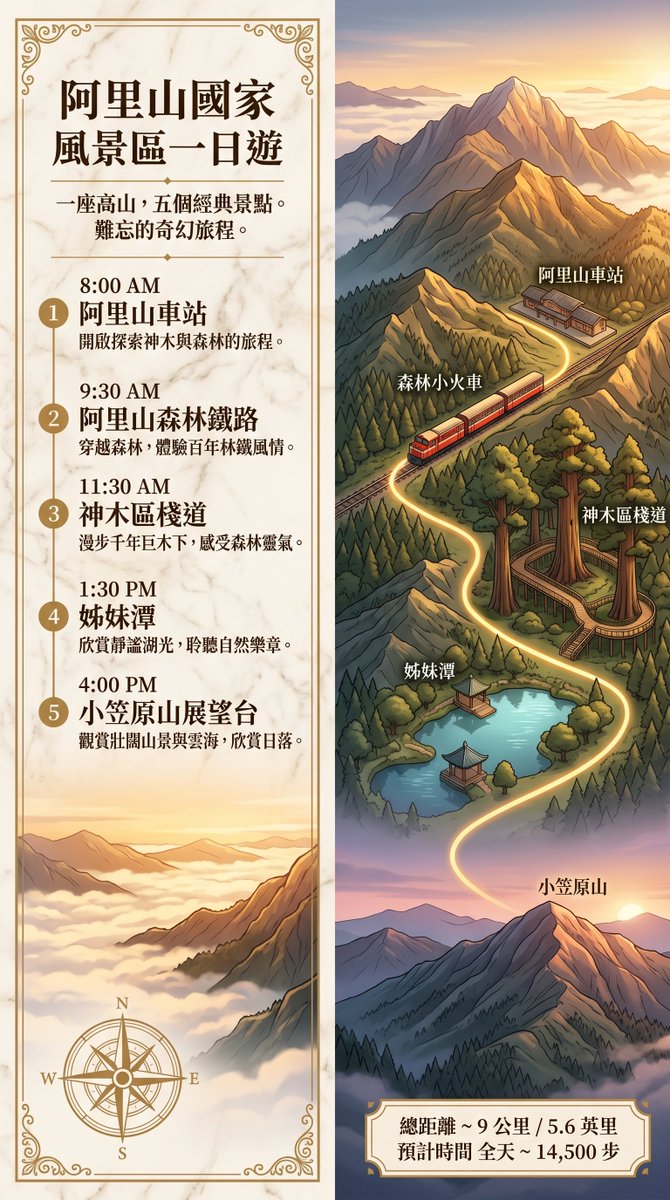 Alishan One-Day Travel Poster Qwen Image 프롬프트 예시 변형 2: A richly illustrated vintage-style tourism poster showing a five-stop one-day itinerary through Alishan National Scenic...
