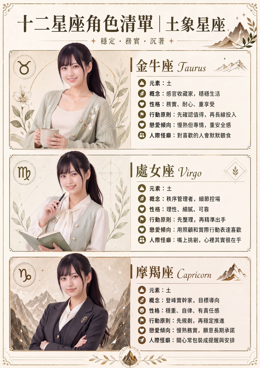 Earth Signs Zodiac Character Poster 的 Qwen Image 提示词示例图：A vertically stacked Traditional Chinese infographic poster showing one woman styled as Taurus, Virgo, and Capricorn,...