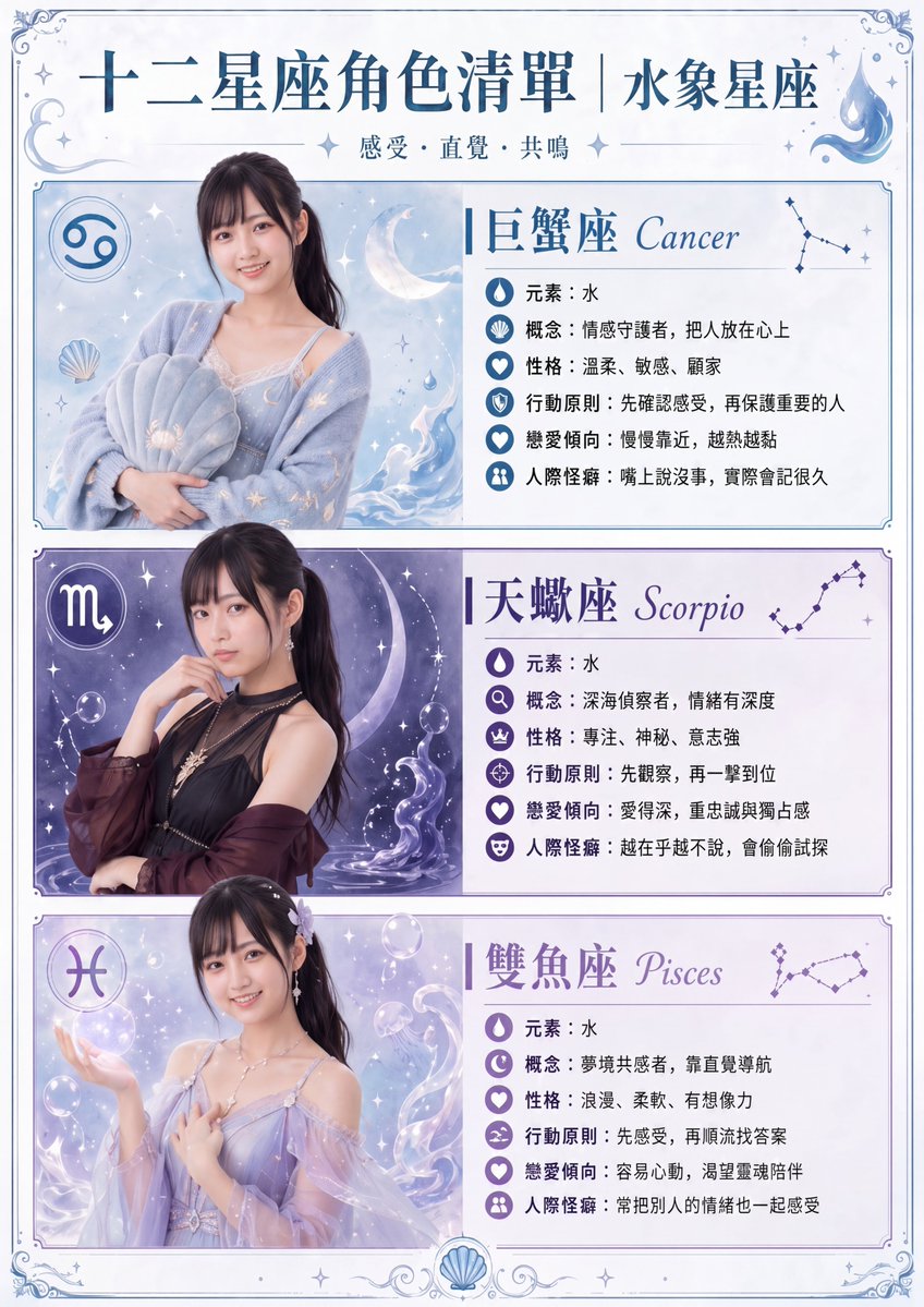 Water Signs Zodiac Character Poster Qwen Image prompt example: A vertical Traditional Chinese infographic poster showing three water-sign anime-fashion character panels—Cancer,...