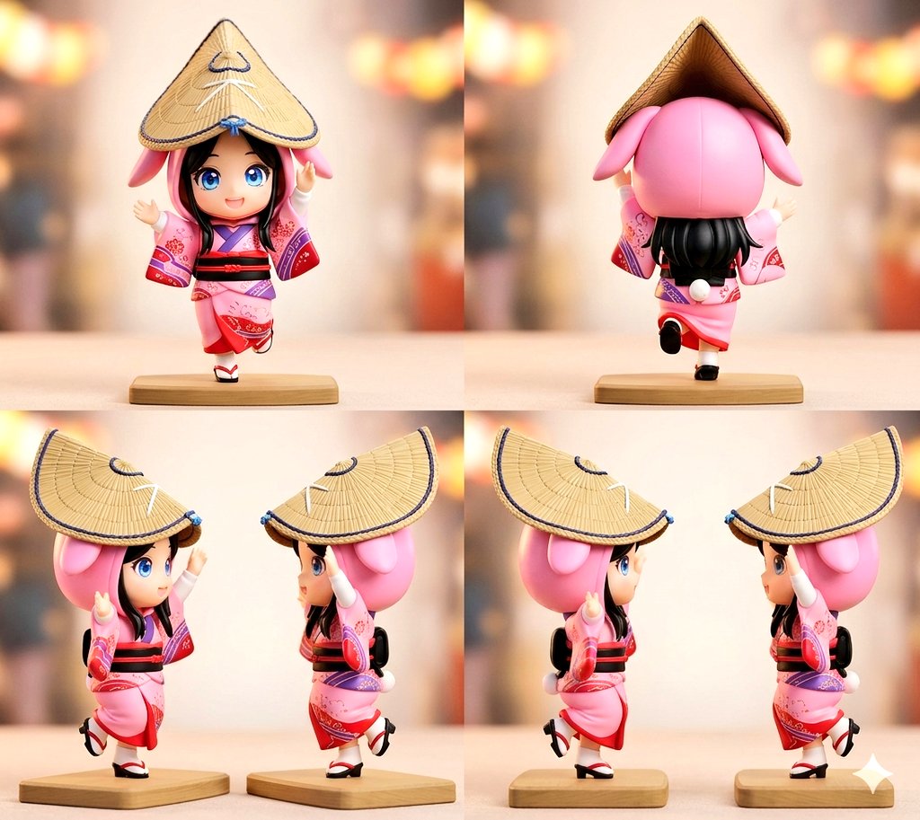 Awa Odori Chibi Figure Turnaround Qwen Image 프롬프트 예시: This prompt turns the main dancer from a festival reference photo into a stylized chibi figurine shown in four product-style...