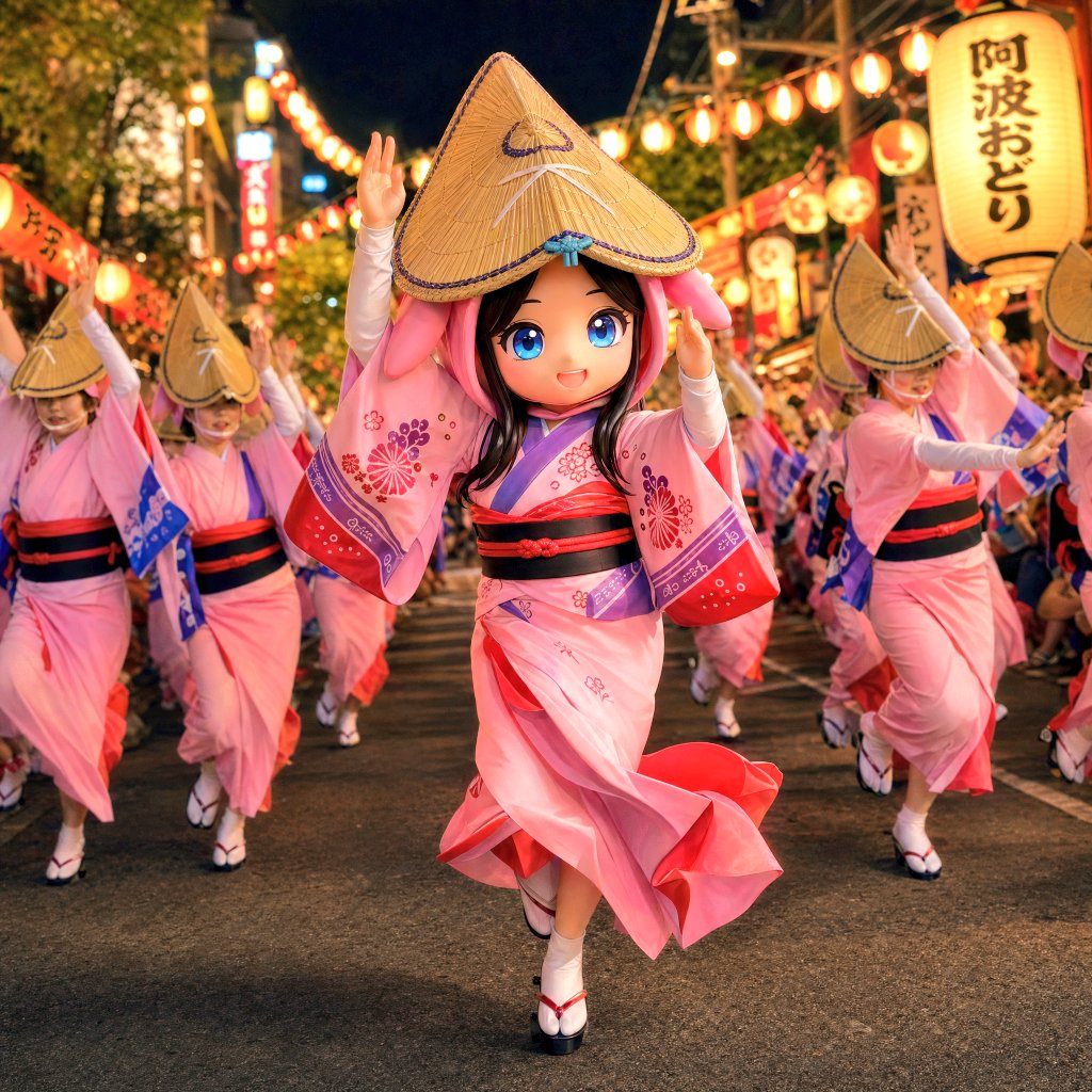 Dynamic Awa Odori Night Scene GPT Image 2 prompt example: This prompt turns a reference parade photo into a more energetic nighttime Awa Odori dance image, useful for creating...
