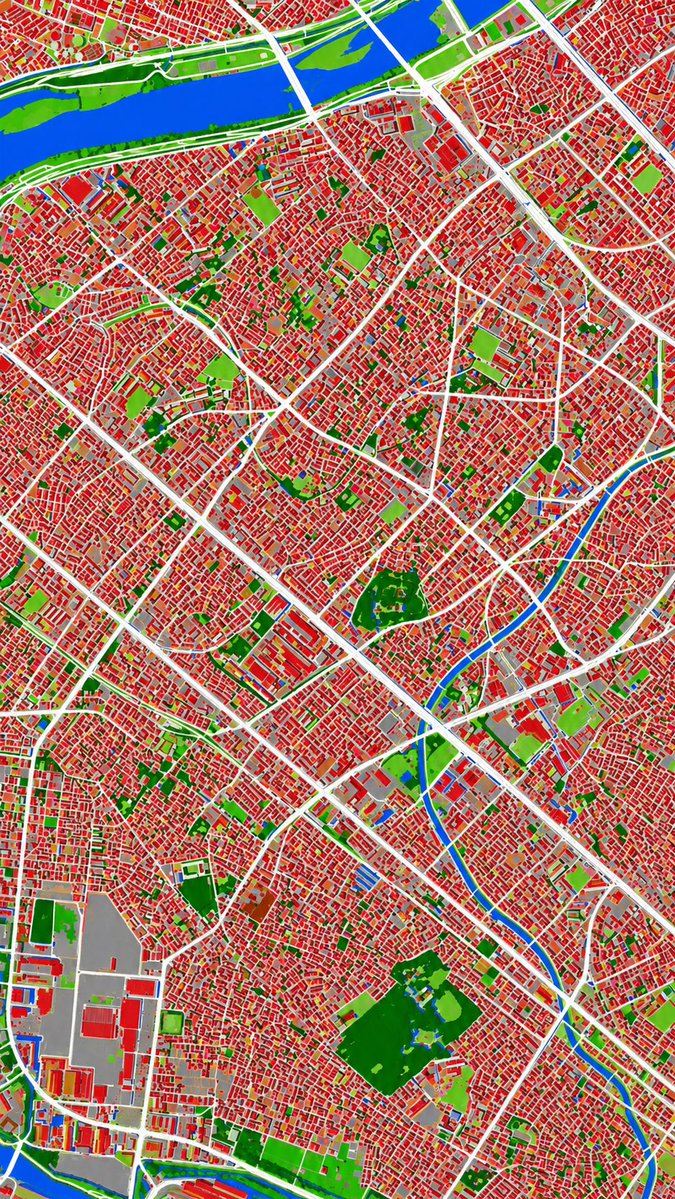 Aerial Photo to Land-Cover Map 的 GPT Image 2 提示词示例图：This prompt converts a reference aerial photograph into a false-color land-cover classification map for urban analysis or...