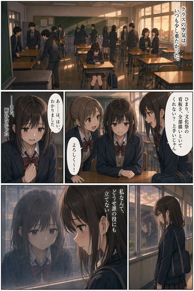 Sunset Classroom Drama Manga Page Qwen Image 프롬프트 예시: A cinematic school-life manga page showing an introverted girl isolated in a classroom, useful for generating emotionally...
