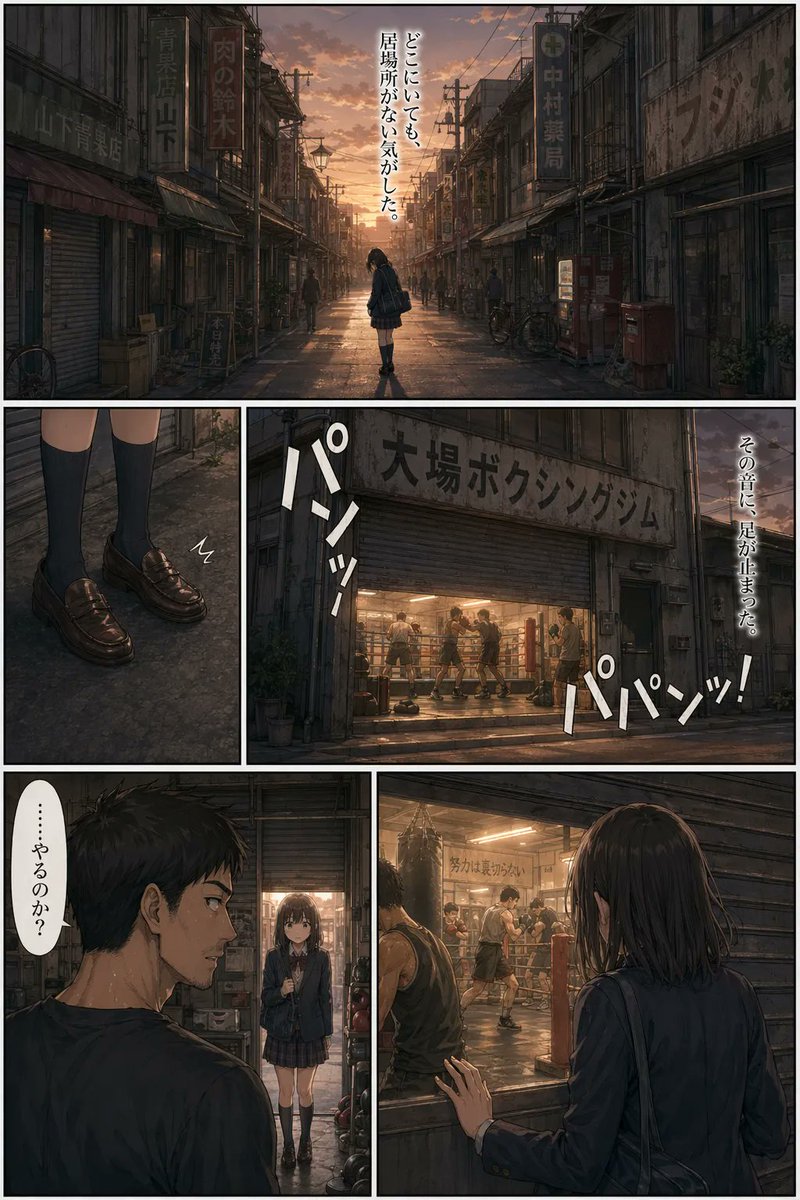 Sunset Boxing Gym Manga Page Qwen Image 프롬프트 예시: A cinematic manga page showing a lonely schoolgirl discovering a boxing gym at dusk, ideal for generating dramatic multi-panel...