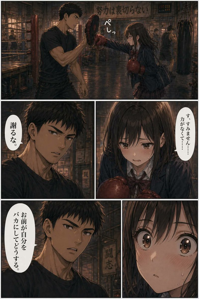 Boxing Gym Manga Page 的 GPT Image 2 提示词示例图：A dramatic five-panel manga page showing a schoolgirl training in a boxing gym and being sternly encouraged by her coach, ideal for...