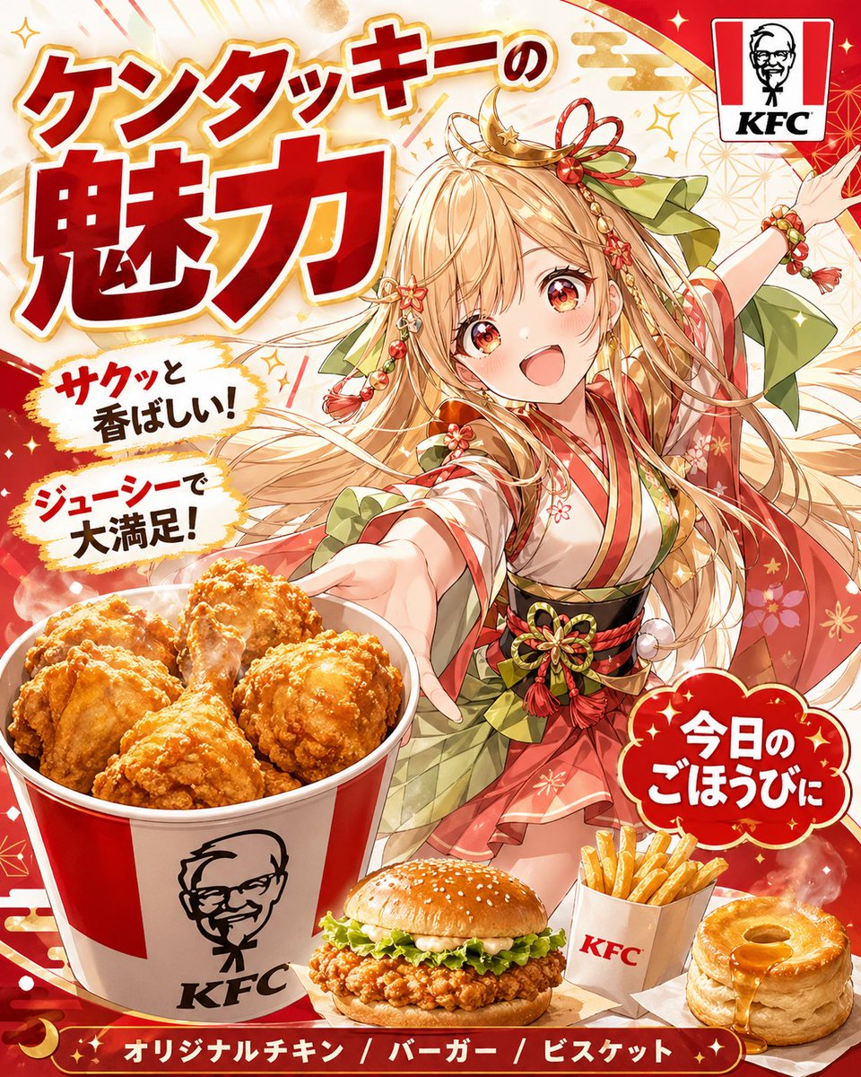 Anime KFC Princess Promo Poster Qwen Image prompt example: This prompt generates a bright anime-style Japanese KFC advertisement poster featuring a festive princess mascot and...