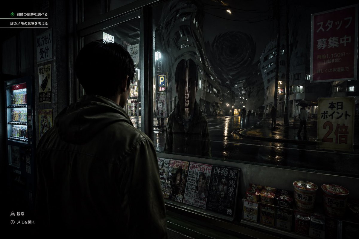 Japanese Horror Game Street Reflection Qwen Image 프롬프트 예시: This prompt generates a dark ultra-realistic survival horror game screenshot of a man confronting a distorted ghostly...