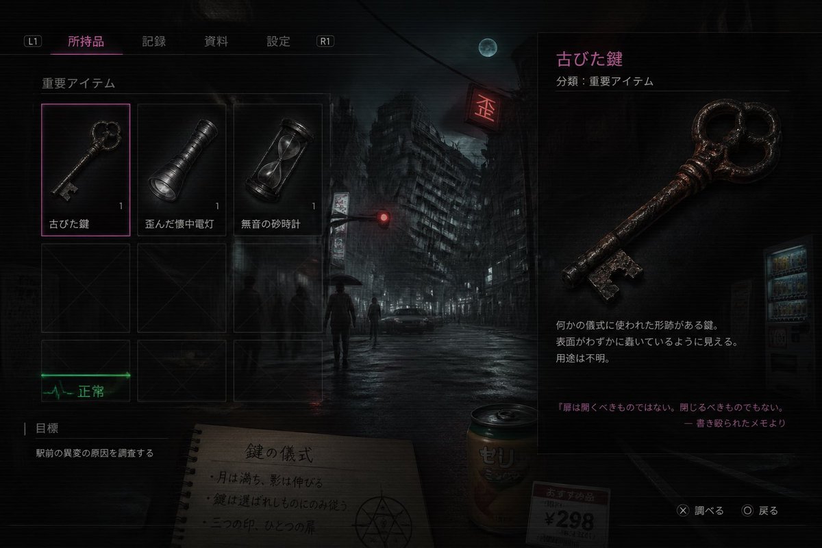 Japanese Horror Game Inventory Screen GPT Image 2 prompt example: This prompt generates a realistic Japanese survival-horror inventory UI screenshot, useful for fake game...