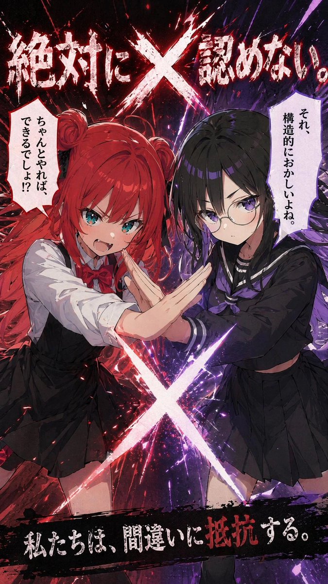 Anime X Battle Poster Qwen Image prompt example variation 2: A dramatic anime poster of two schoolgirls arguing on X/Twitter, designed for viral social media battle visuals and...