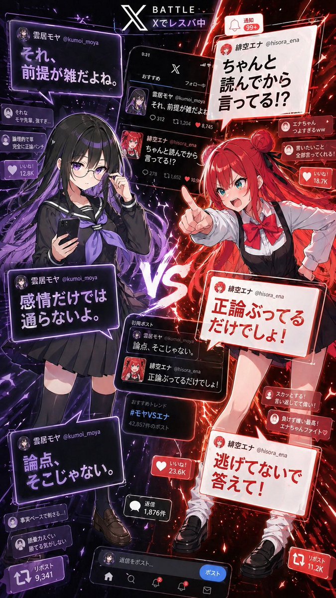 Anime X Battle Poster Qwen Image prompt example: A dramatic anime poster of two schoolgirls arguing on X/Twitter, designed for viral social media battle visuals and stylized...