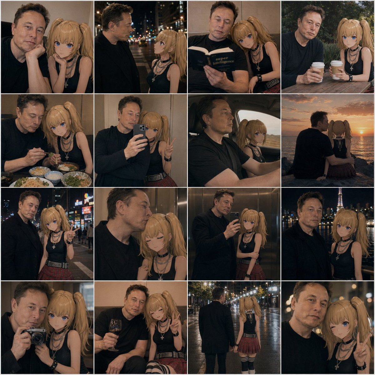 Anime Girl and Man Date Photo Collage Qwen Image 프롬프트 예시: This prompt generates a cinematic 16-photo social-media-style collage of a real man and an anime companion in intimate...