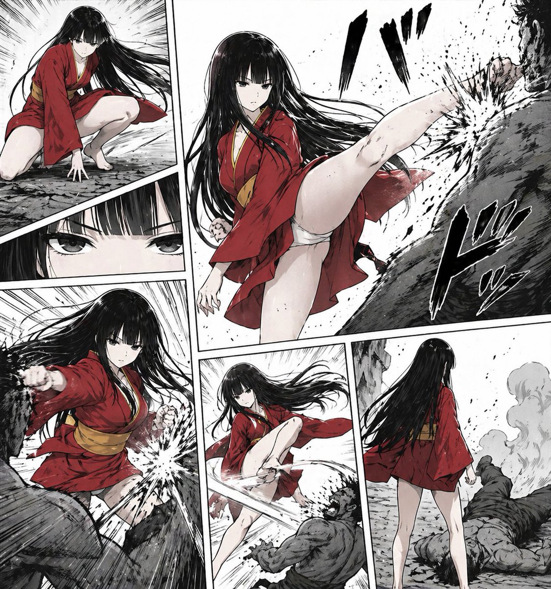 Brutal Red-Kimono Manga Fight Page GPT Image 2 prompt example: This prompt generates a dramatic multi-panel manga page of a red-clad woman violently defeating multiple enemies,...