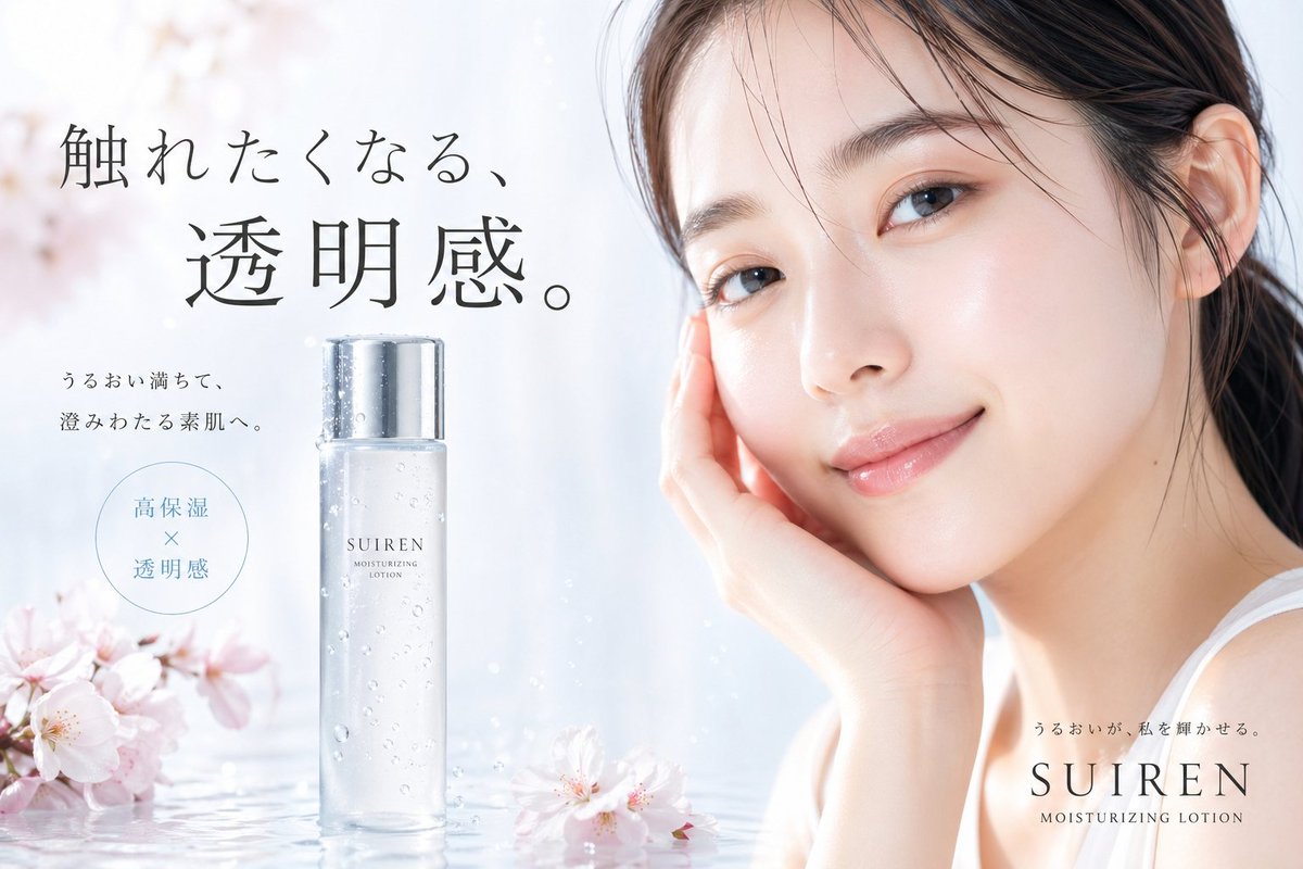 Japanese Skincare Lotion Ad のQwen Imageプロンプト例: This prompt generates a polished spring-themed Japanese beauty advertisement featuring a dewy model, a transparent lotion bottle,...