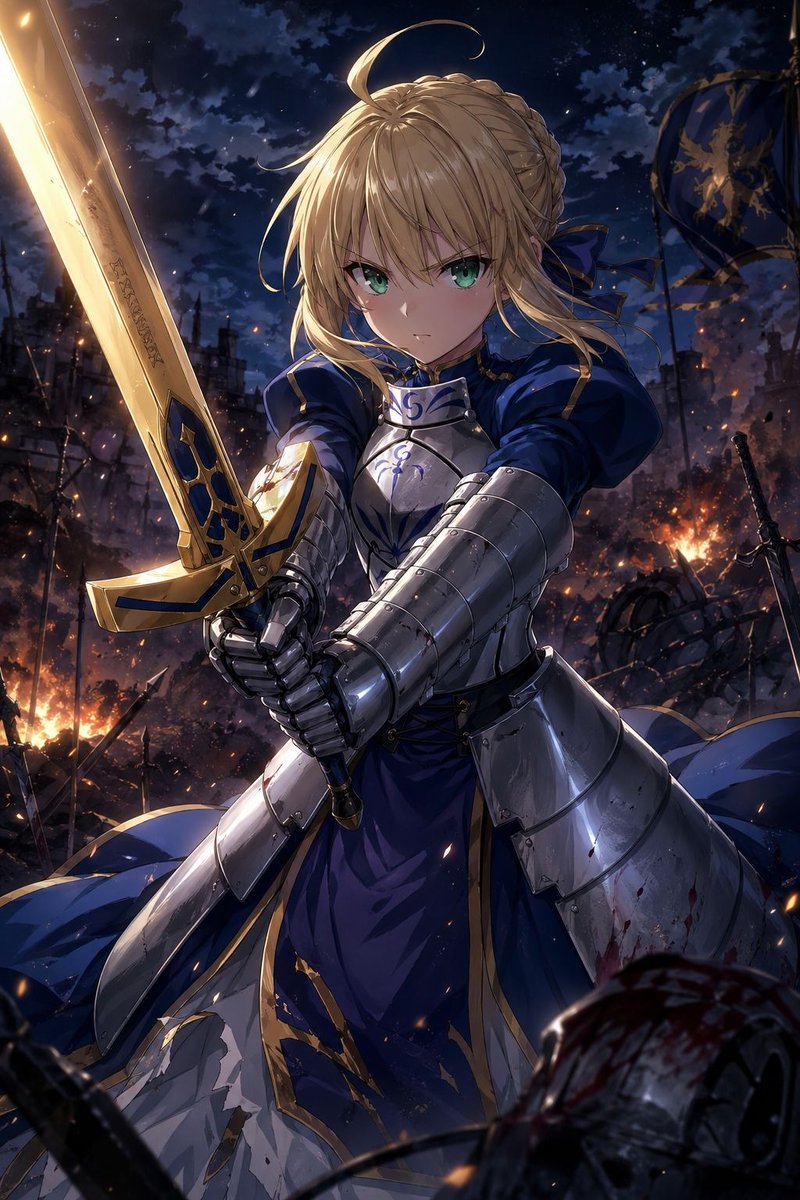 Anime Knight King on Burning Battlefield Qwen Image 프롬프트 예시: A cinematic anime fantasy portrait of a blonde armored heroine wielding a glowing sword in a war-torn night scene,...