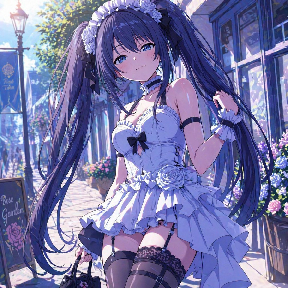 Elegant Anime Girl on a Flower Street Qwen Image prompt example: This prompt generates a polished anime-style illustration of a stylish girl in a white frilled dress walking...