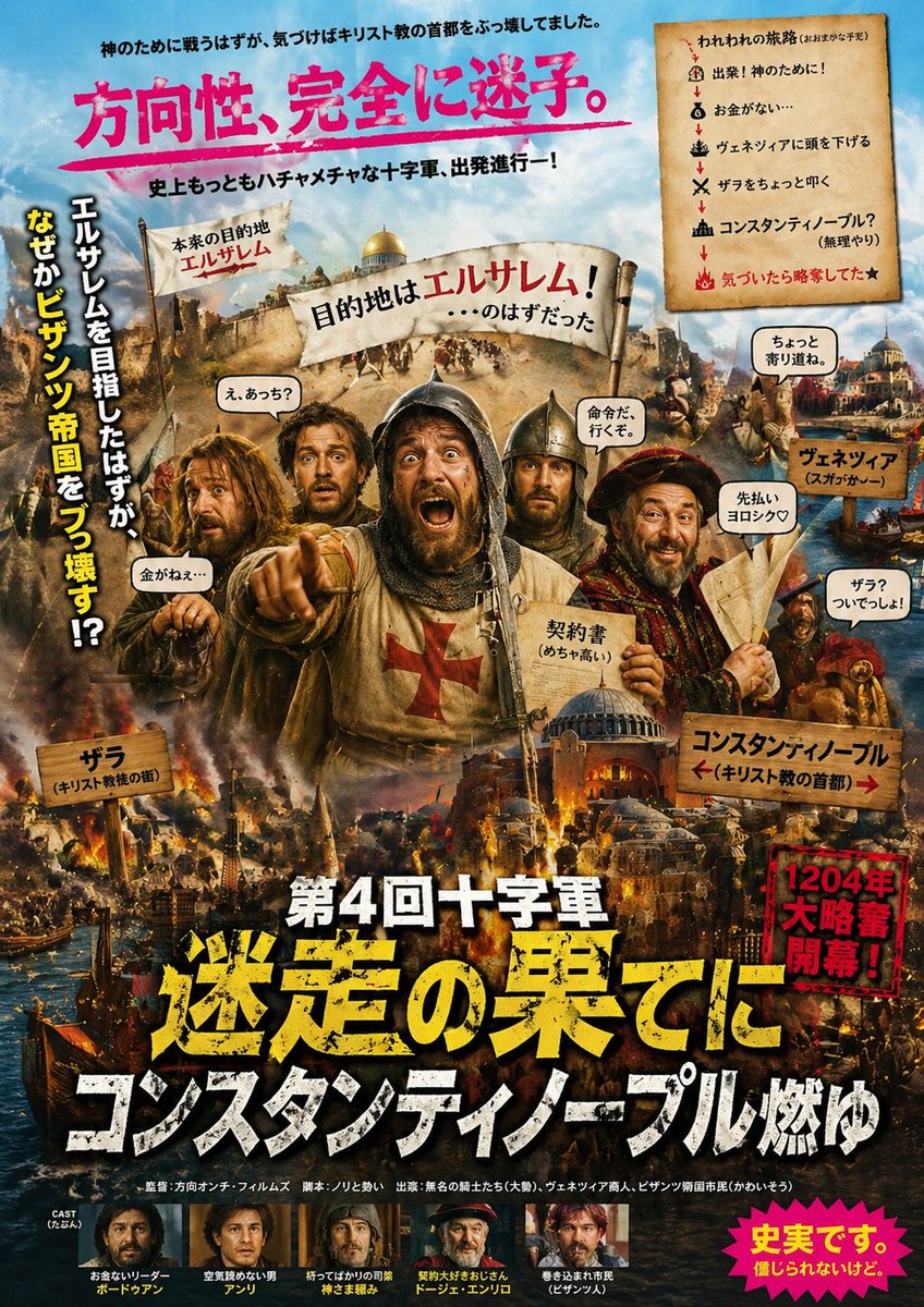 Chaotic Fourth Crusade Parody Poster 的 Qwen Image 提示词示例图:A dense Japanese fake movie poster that humorously dramatizes the Fourth Crusade getting lost and attacking...