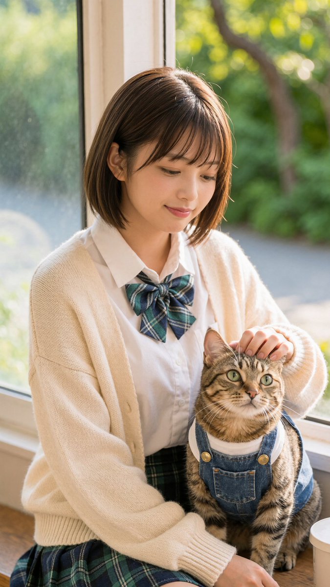 Schoolgirl With Cat by Sunlit Window Qwen Image prompt example: This prompt generates a cozy photorealistic portrait of a school-uniformed young woman petting a dressed-up tabby...