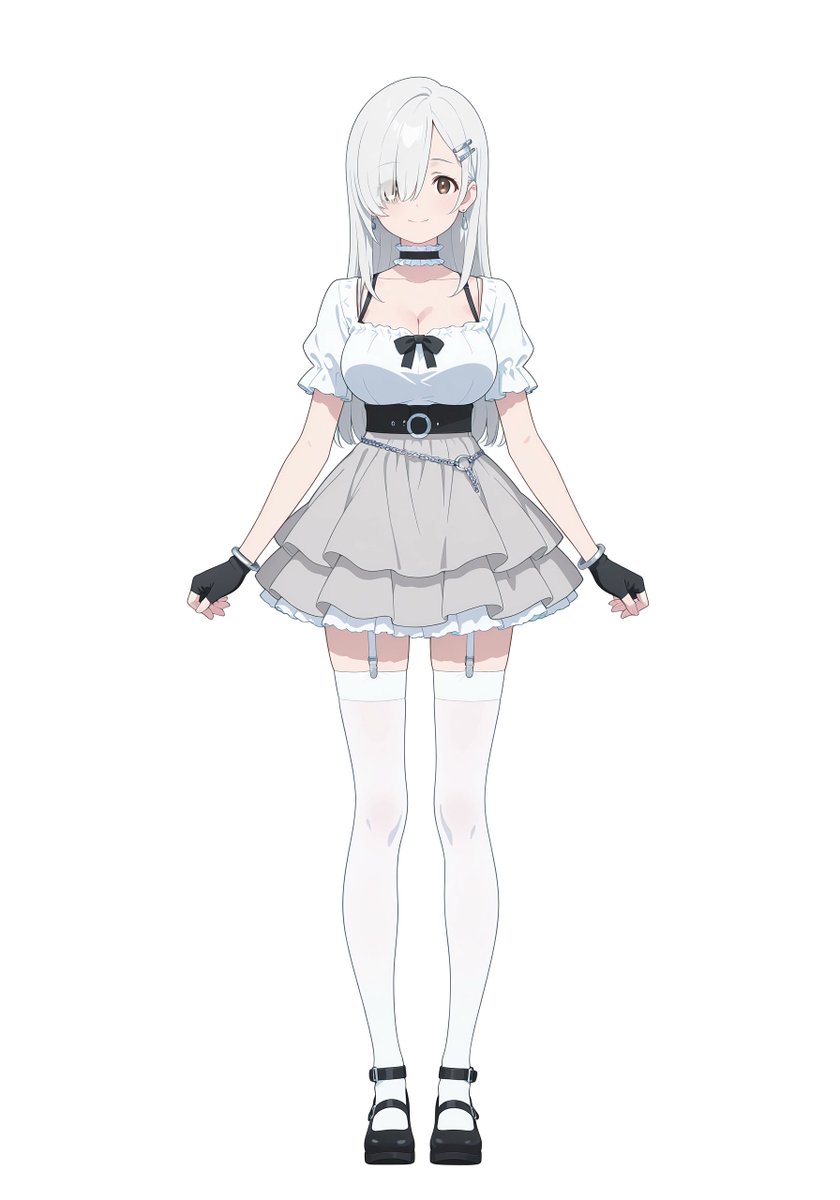 Full-Body Silver Anime Girl Design Qwen Image prompt example: A clean full-body anime character prompt for generating a centered front-view design sheet of a cute monochrome girl...