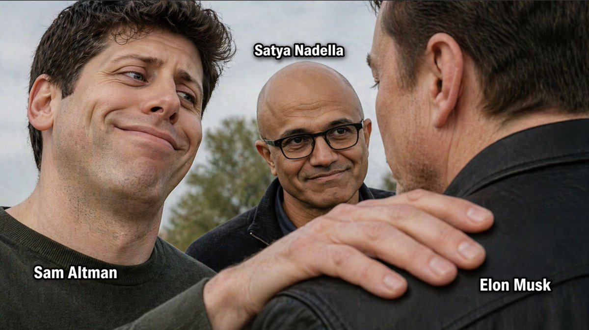 Tech CEO Meme Photo Qwen Image prompt example: A realistic meme-like group photo of three labeled tech leaders, useful for recreating viral commentary images about AI industry...