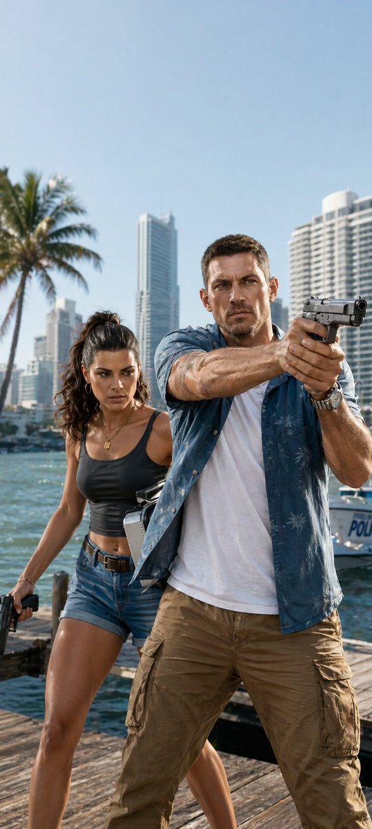 Miami Dock Action Movie Still Qwen Image 프롬프트 예시: A photorealistic vertical action scene of two armed protagonists on a sunny marina dock, suitable for cinematic thriller or...