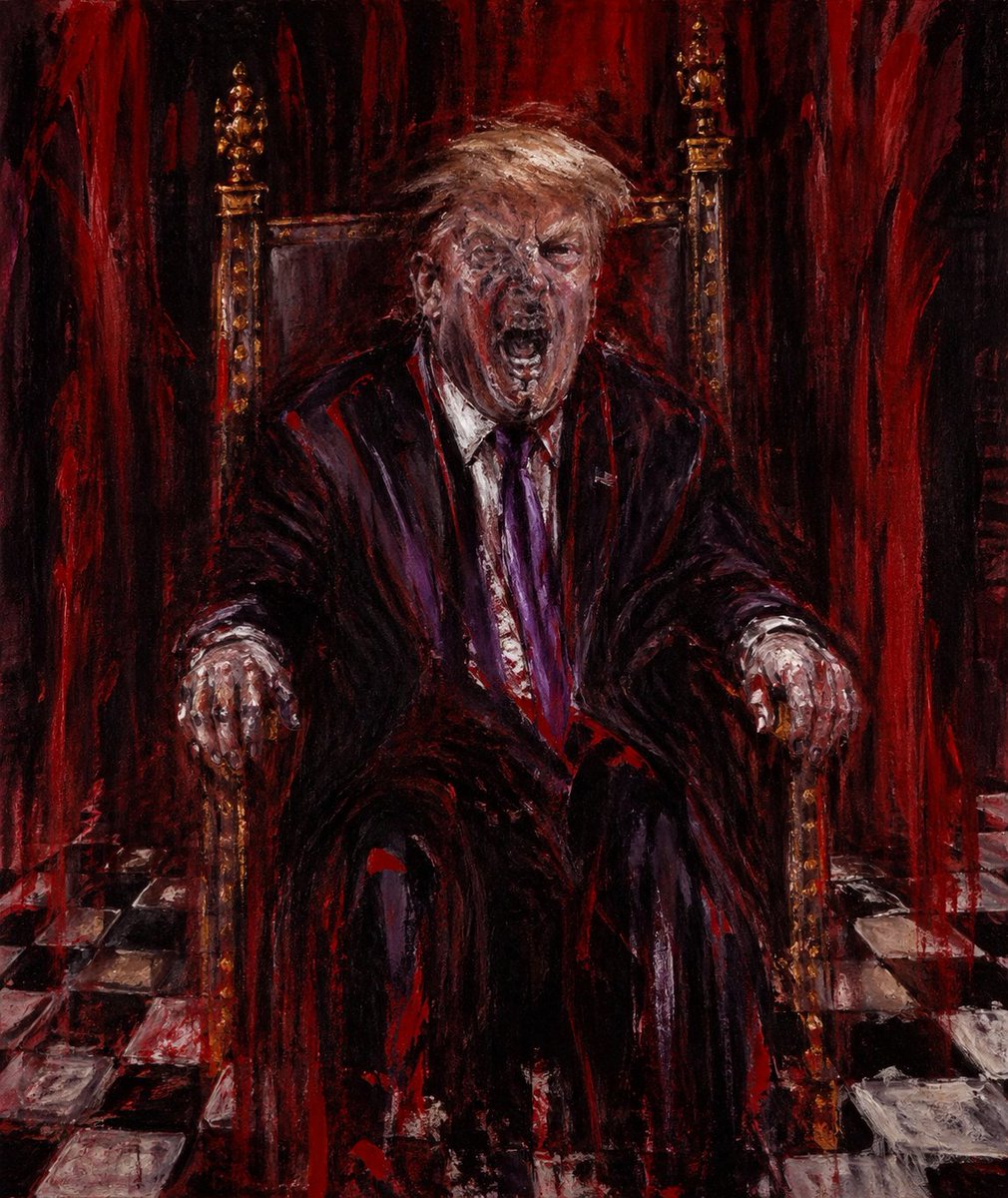 Censored Man on Crimson Throne Qwen Image prompt example: This prompt generates a disturbing expressionist portrait of a suited man on a throne, useful for editorial, political,...