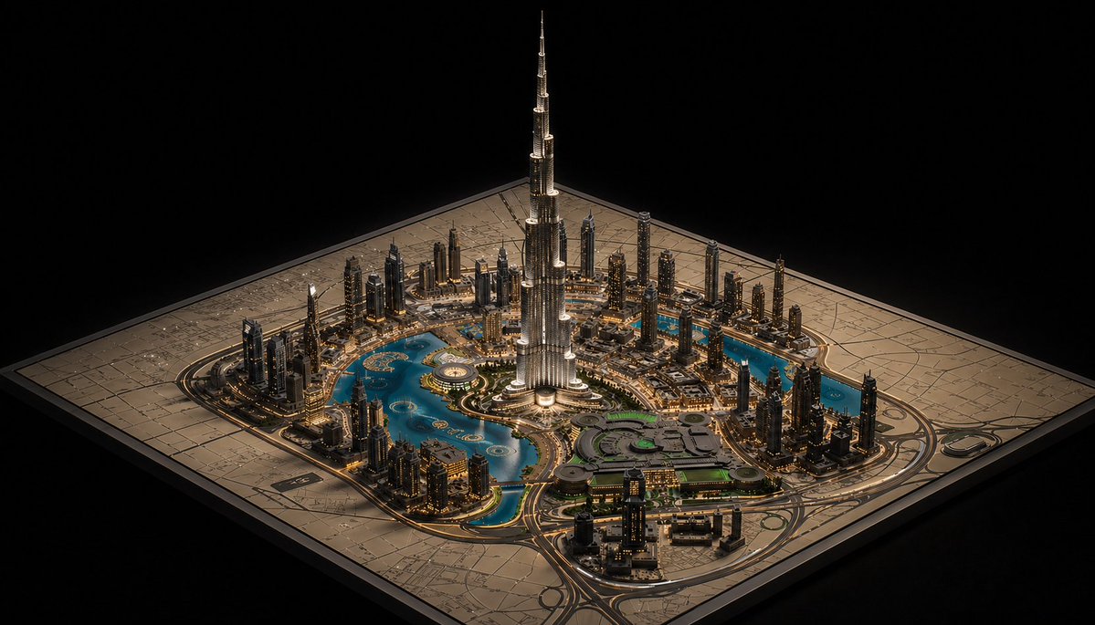 Luxury Miniature Dubai City Model Qwen Image prompt example: This prompt generates a photorealistic isometric architectural maquette of a landmark-centered modern city, ideal for...
