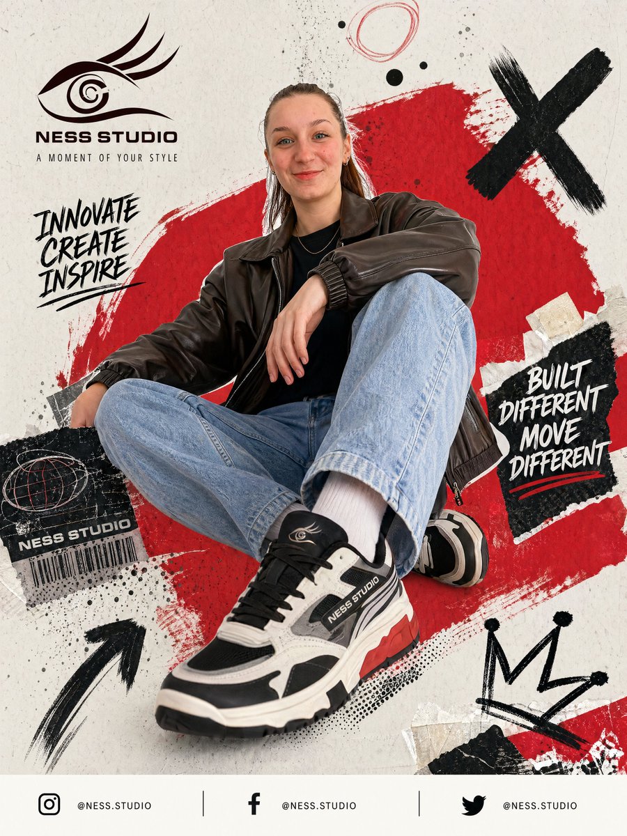 Streetwear Sneaker Poster Ad Qwen Image 프롬프트 예시: A grungy urban fashion poster showcasing a seated model and branded chunky sneakers, ideal for streetwear marketing, social ads,...