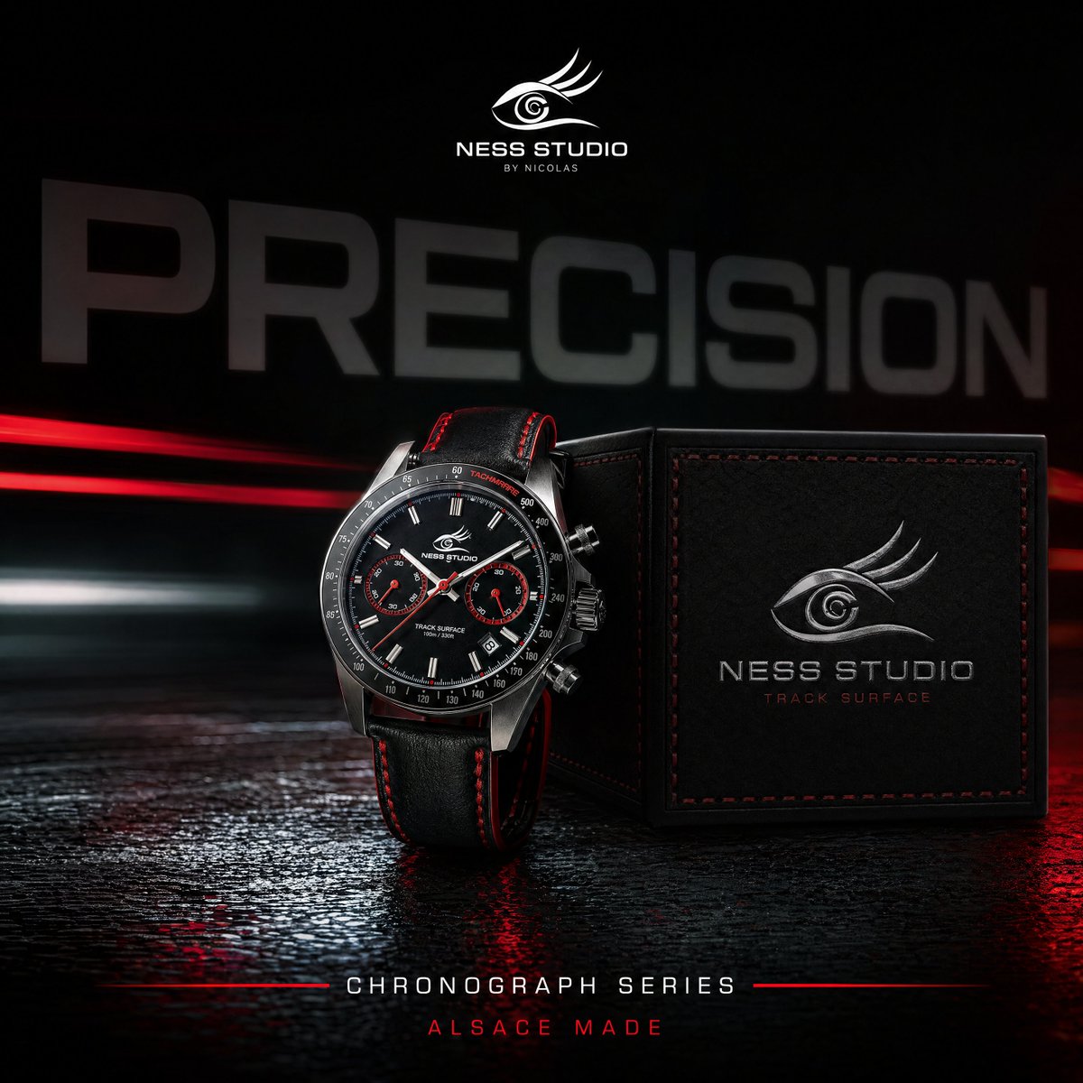 Luxury Chronograph Watch Ad GPT Image 2 prompt example: A premium dark studio advertisement image featuring a branded motorsport-style chronograph watch and presentation box,...