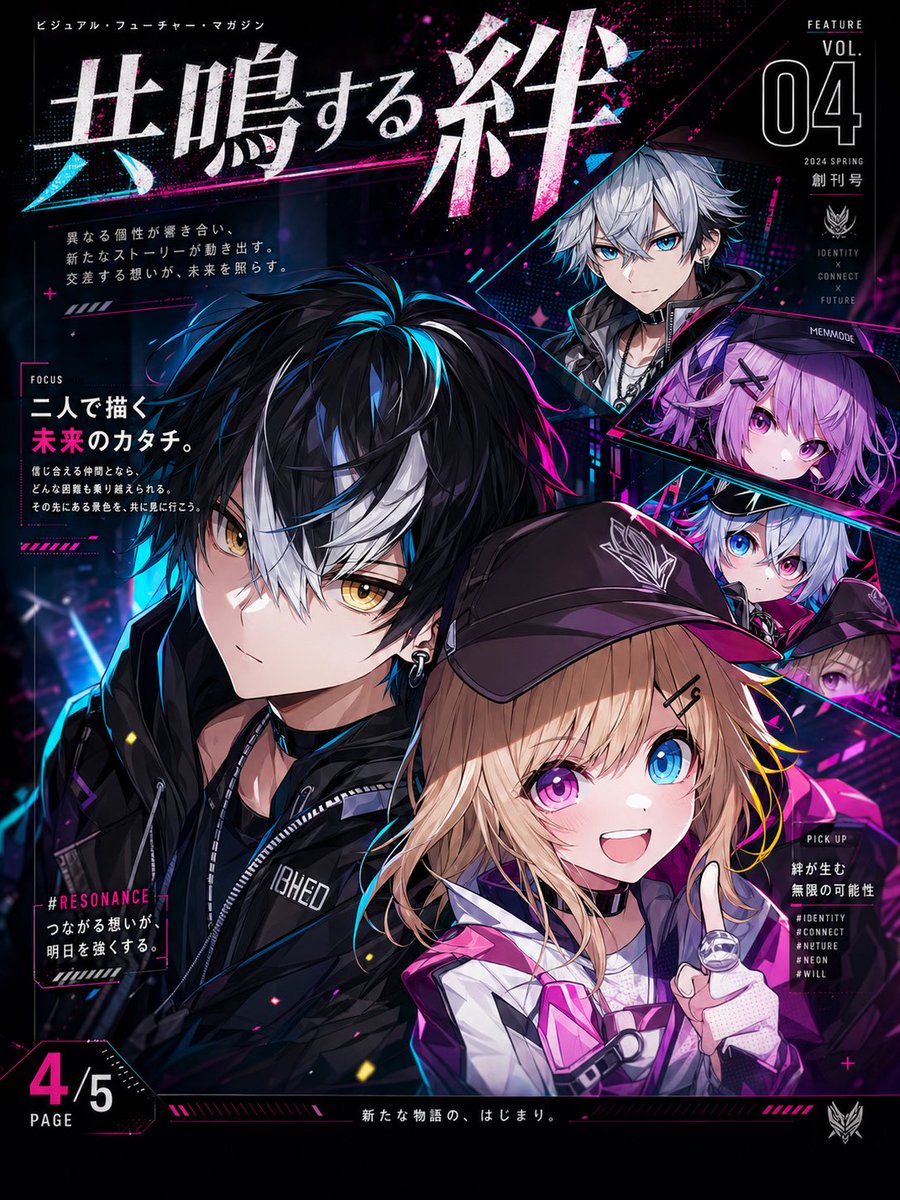 Cyberpunk Anime Magazine Cover 的 Qwen Image 提示词示例图:A glossy futuristic Japanese-style anime magazine cover featuring a central duo, four inset character portraits, and dense neon...