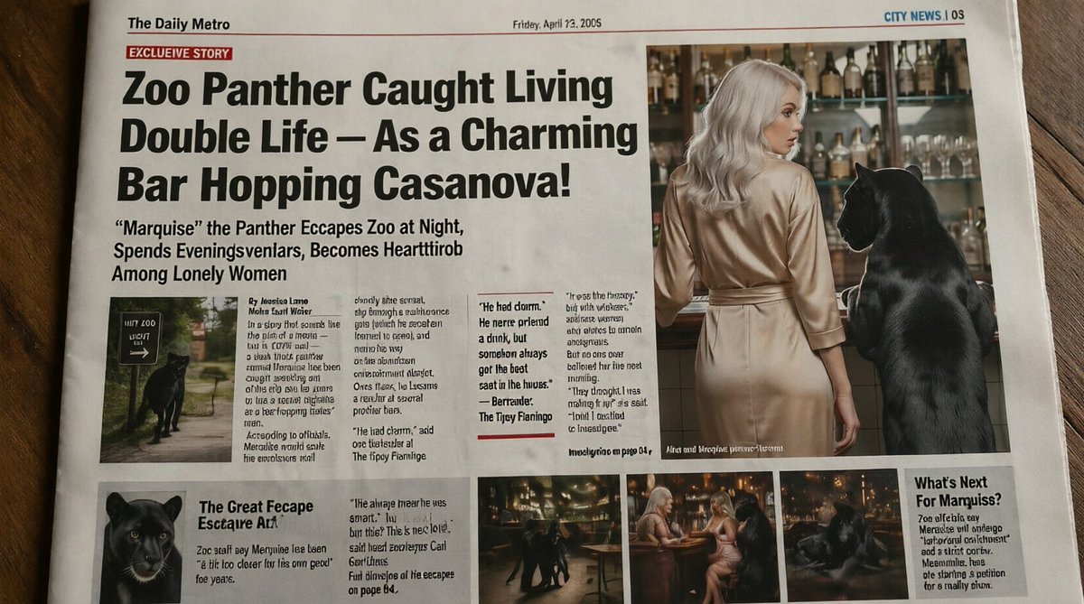 Absurd Tabloid Panther Newspaper Front Page のQwen Imageプロンプト例: This prompt generates a realistic comedic tabloid-style newspaper front page about a black panther leading a secret...