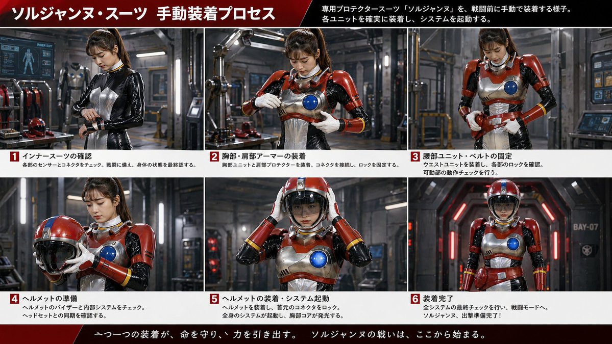 Japanese Sci-Fi Suit-Up Process Board Qwen Image prompt example: A cinematic six-panel Japanese infographic showing a female hero manually putting on a red-and-silver combat...