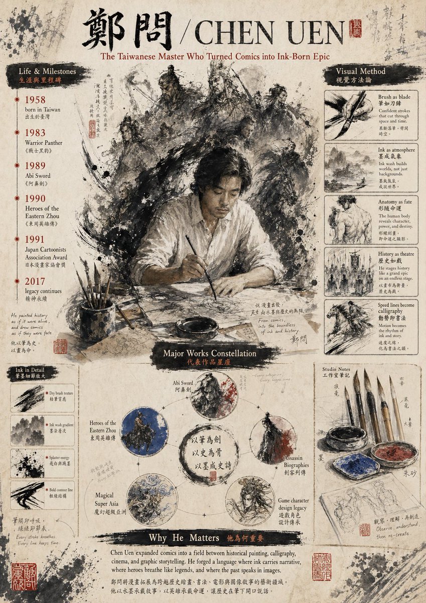 Ink-Wash Tribute Poster for Chen Uen のQwen Imageプロンプト例: This prompt generates a richly detailed biographical museum-style poster about Chen Uen, suitable for cultural tributes,...